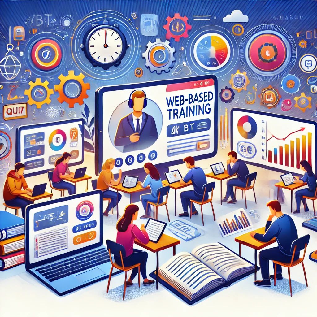 A vibrant digital illustration showing students using Web-Based Training tools.